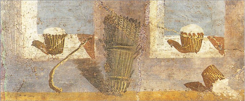 Peinture murale de l'aire vésuvienne montrant des faisselles en vannerie emplies de fromage blanc, une botte d'asperge et pedum - Temple d'Isis à Pompéi