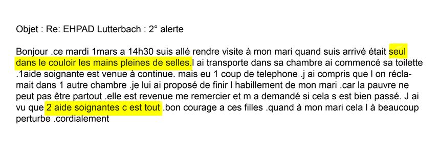 Mail adressé au Conseil de vie sociale de l’Ehpad de Lutterbach par l’épouse d’un résident en mars 2022.