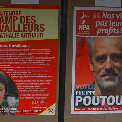 Affiches électorales de Nathalie Arthaud (Lutte ouvrière) et Philippe Poutou (Nouveau parti anticapitaliste) le 15 avril 2017