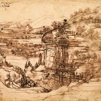 Dessins de paysages de montagnes par Léonard de Vinci (1452-1519), exposés à galerie des Offices à Florence.