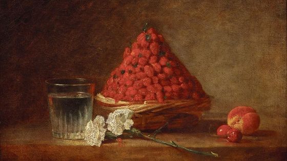 "Le panier de fraises des bois" Jean Siméon Chardin, 1761, huile sur toile, 38 x 46. - wikimedia commons