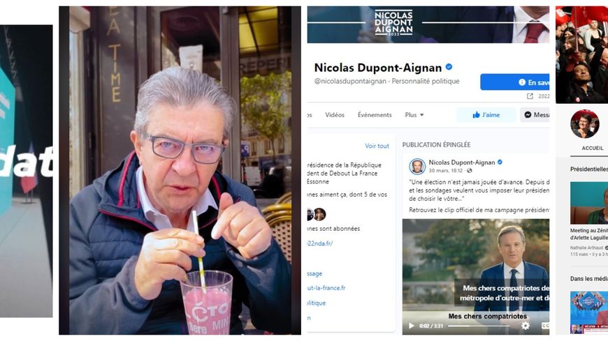 De gauche à droite : web-série d'Emmanuel Macron, compte TikTok de Jean-Louis Mélenchon, compte Facebook de Nicolas Dupont-Aignan et compte YouTube de Nathalie Arthaud.