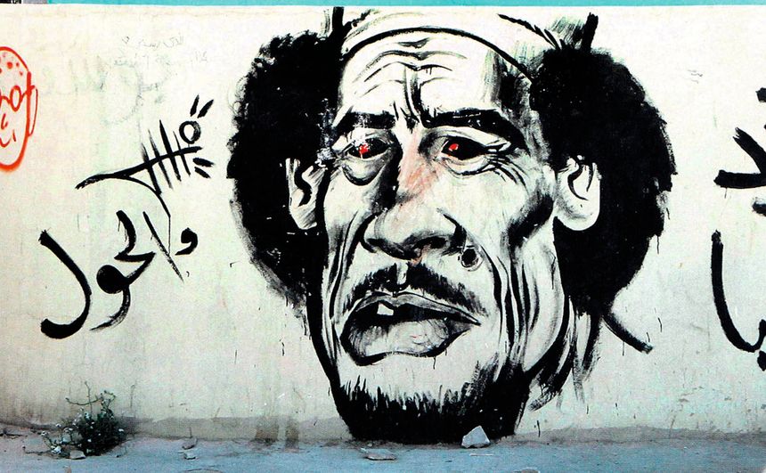 Caricature de Mouammar Khadafi par Qaïs, réalisée en 2011.