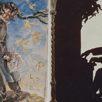 Beethoven illustré par Antoine Bourdelle et silhouette d'Anton Bruckner.