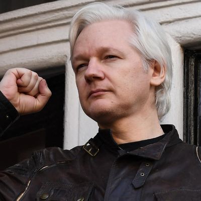 Le fondateur de WikiLeaks, Julian Assange, lève le poing avant de s'adresser aux médias sur le balcon de l'ambassade de l'Équateur à Londres, le 19 mai 2017.