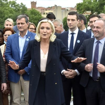Louis Aliot, Marine Le Pen, Jordan Bardella et Steeve Briois à Perpignan, Pyrénées orientales, France