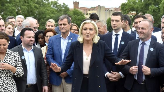 Louis Aliot, Marine Le Pen, Jordan Bardella et Steeve Briois à Perpignan, Pyrénées orientales, France ©AFP - RAYMOND ROIG