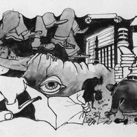 Illustration d'ordre surréaliste d'un poème de T.S Eliot par l'artiste Shirley Markham en 1952.