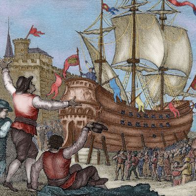 Le navire Victoria à Séville, après son tour du monde. (Gravure de 1807)