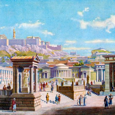 Représentation de l'agora athénienne, située sous l'Acropole (Merveilles du passé, 1934)