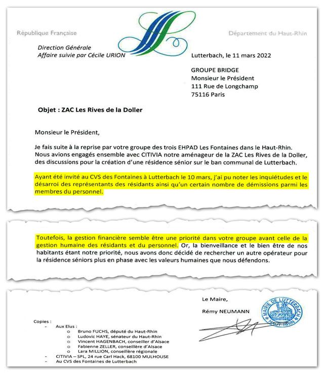 Lettre du maire de Lutterbach à la direction du groupe Bridge, mettant le groupe en garde contre ses mauvaises pratiques.