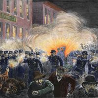 Illustration de la manifestation ayant viré au drame le 4 mai 1886 à Haymarket, Chicago.