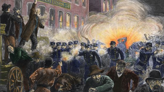 Illustration de la manifestation ayant viré au drame le 4 mai 1886 à Haymarket, Chicago. - Bettmann