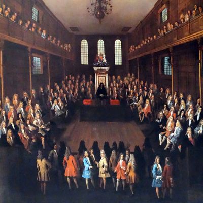 La Chambre des communes en session, Sir Richard Onslow dans le fauteuil du Président. Toile de Peter Tillemans, 1710
