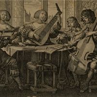Famille dans un salon jouant du luth, du violoncelle et chantant, gravure. Philharmonie de Paris