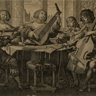 Famille dans un salon jouant du luth, du violoncelle et chantant, gravure. Philharmonie de Paris