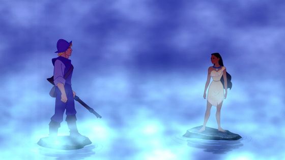 Scène de premier regard entre John Smith et Pocahontas dans le film des studios Disney "Pocahontas : une légende indienne" - The Walt Disney Pictures
