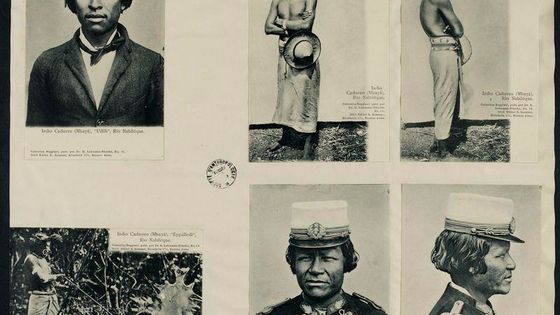 Six cartes postales collées sur feuillet, publiées par Robert Lehmann-Nitsche. Collection Guido Boggiani (1861-1902), Indio Caduveo (Mbaya), de Rio Nabilèque. - Museum National d'Histoire Naturelle