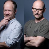 L'auteur-dessinateur de bande dessinée Mathieu Sapin et Morgan Navarro, auteur de bande dessinée et illustrateur