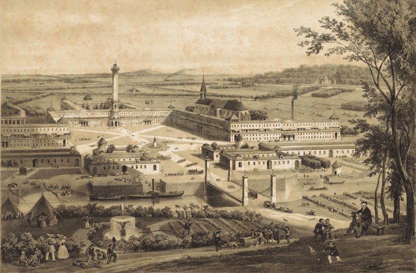 "Vue d’un phalanstère, village français d’après la théorie sociétaire de Ch. Fourier", lithographie d'H. Fugère, datée du XIXe siècle.