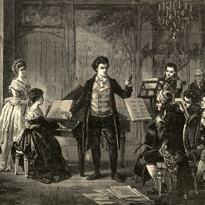 Ludwig van Beethoven (1770 - 1827) en train de diriger un de ses quatuors, circa 1810. Gravure de Richard Brend'amour (1831-1915).