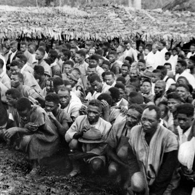 Des Malgaches du Mouvement Démocratique de la Rénovation Malgache revendiquant l'indépendance de l'Ile de Madagascar, septembre 1947, province de Tamatave