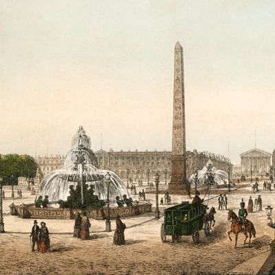 La place de la Concorde à Paris vers 1850. L'obélisque de Louxor a été donnée à la France en 1829 par le vice-roi d'Égypte Méhémet-Ali.