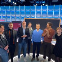 De gauche à droite : Valérie Lesort, Thomas Jolly, Laurent Valière, Alex Beaupain, Alain Boublil, Alexis Michalik, Marie Oppert