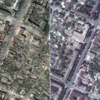 AVANT/APRES : images satellites de Marioupol en Ukraine avec une photo datée de juin 2021 (droite) et une photo datée de mars 2022 (gauche).