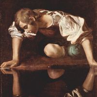 Tableau nommé "Narcisse" du peintre italien Caravage, montrant Narcisse mirant son reflet dans l'eau, réalisé entre 1594-1596