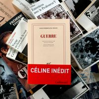 Couverture du roman inédit de Louis Ferdinand-Céline "Guerre" sur fond de ses œuvres célèbres