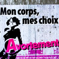 Affiche sur un mur pour l'avortement "Mon corps mes choix, Avortement", 19 septembre 2019, Le Mans, France.