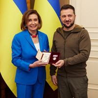 La présidente de la Chambre des Représentants américaine Nancy Pelosi lors de sa rencontre à Kiev avec le président ukrainien Volodymyr Zelensky