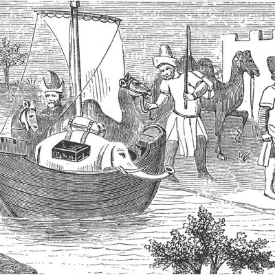 De retour de Chine, Marco Polo et son frère font étape à Ormuz. Gravure, illustration du Livre des Merveilles