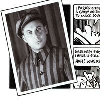 Extrait de la page 134 de "Maus" d'Art Spiegelman, montrant une photo de Vladek, son père, en uniforme des camps, prise après sa libération.