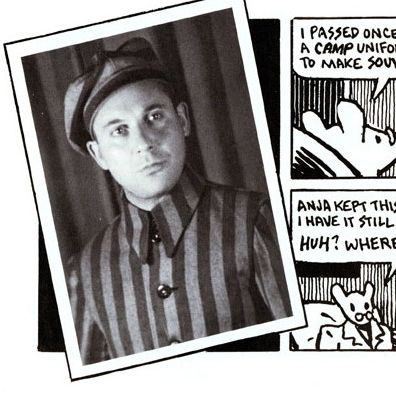 Extrait de la page 134 de "Maus" d'Art Spiegelman, montrant une photo de Vladek, son père, en uniforme des camps, prise après sa libération.