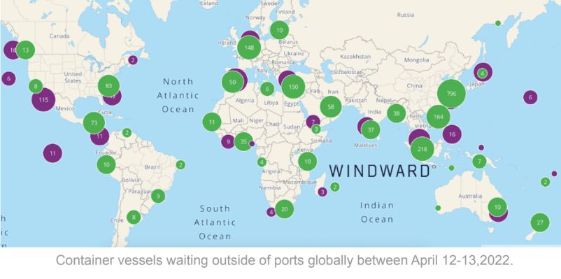 Cargos ne pouvant pas atteindre les ports et attendant en mer en avril 2022