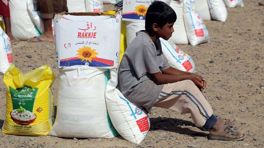 Un jeune déplacé yéménite reçoit une aide alimentaire dans la région de Khokha
