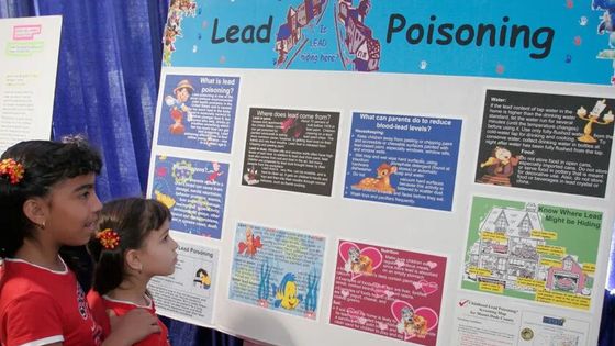 Miami-Dade College, Medical Center Campus, stand de santé communautaire, ©Getty - déc. 2004 : le saturnisme lié au plomb, dans l'eau, dans la peinture, identifier où il peut se cacher, que peuvent faire les parents pour réduire sa présence dans le sang...?- Jeffrey Greenberg/Universal Images Group via Getty Images