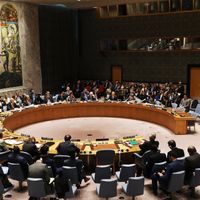 United Nations diplomats meet during a UN Security Council meeting on the situation in Syria at the United Nations on March 12, 2018 in New York City.