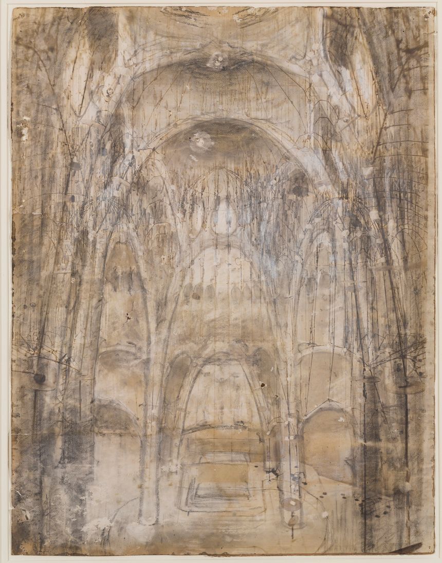Antoni Gaudi (1852 –1926). Projet pour l’intérieur de l’église de la Colonie Güell, vers 1908-1910. Fusain et rehauts de blanc sur photographie, 61×47,5 cm