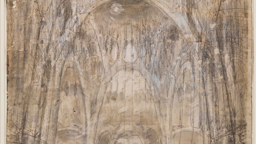 Antoni Gaudi (1852 –1926). Projet pour l’intérieur de l’église de la Colonie Güell, vers 1908-1910. Fusain et rehauts de blanc sur photographie, 61×47,5 cm