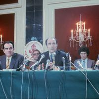 22/01/1973, conférence de presse de François Mitterrand, Georges Marchais et Robert Fabre, tous trois signataires du programme commun