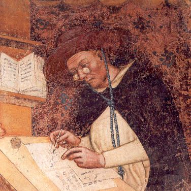 Portrait du Cardinal Hugues de Saint-Cher par Tommaso da Modena, en 1352 (l'une des premières représentations connues de lunettes)