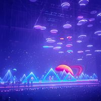 Les hologrammes du groupe évoluent dans une scénographie futuriste accompagnés de vrais musiciens