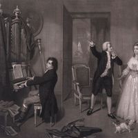 Ludwig van Beethoven au piano dans la maison de Mozart. (Collection privée. Artiste Hugues Merle)