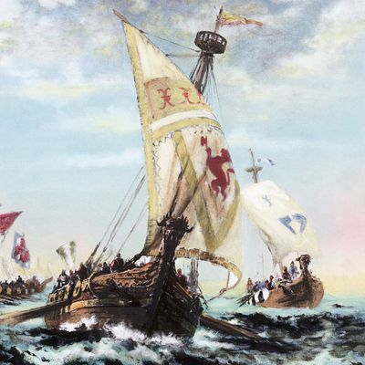 Tableau d'Edward Moran représentant une flotte de navires vikings