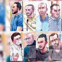 De gauche à droite, les accusés Abdeslam, Abrini, Amri, Atar, Ayari, Bakkali, Chouaa, El Haddad Asufi, Haddadi, Attou, Kharkhach, Krayem, Oulkadi et Usman.