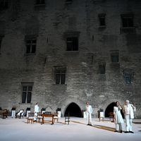 Répétition de la pièce « Architecture » du metteur en scène Pascal Rambert, le 2 juillet 2019, Cour d’Honneur du Palais des Papes lors du 73e Festival d’Avignon