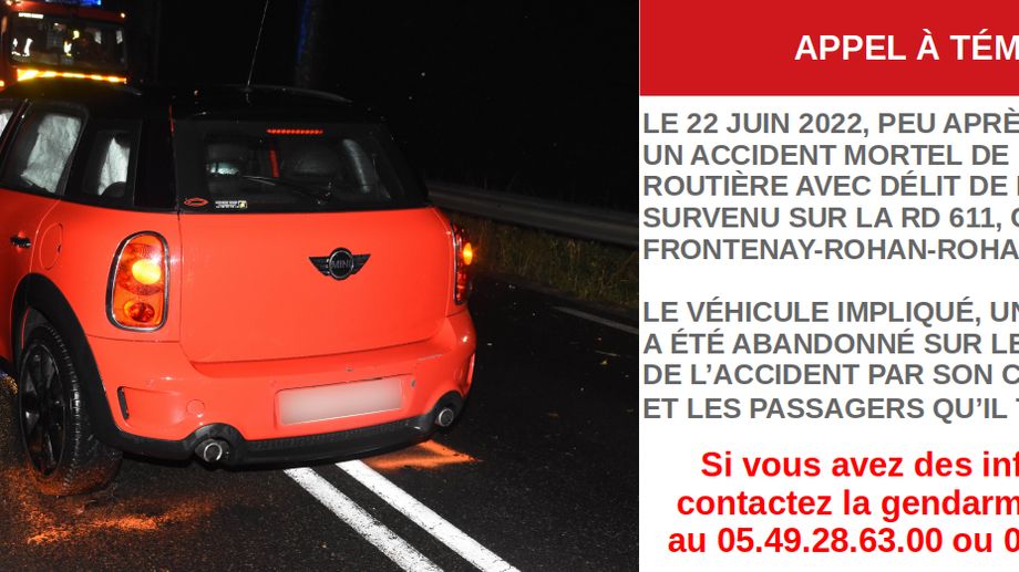 Trois personnes en fuite apr�s un accident de la route mortel dans les Deux-S�vres, un appel � t�moins lanc�